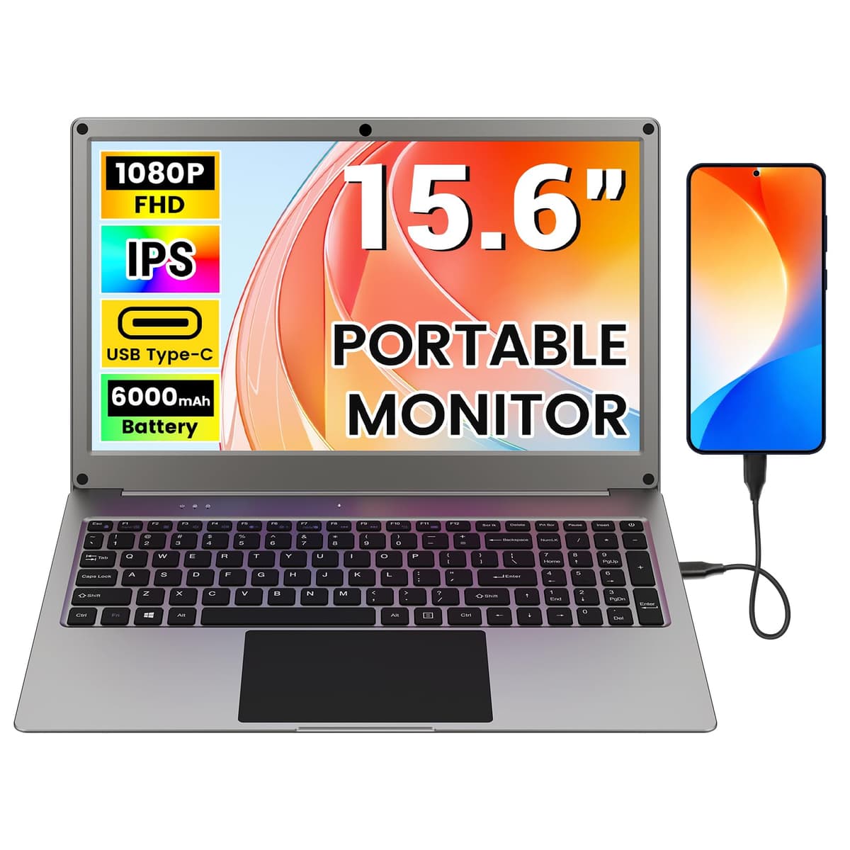 Portable Monitor with Keyboard, 15.6 Inch Lapdock Display with 6000mah Built-in Battery,CrowView Note 1080P FHD USB C Monitors Compatible with RPi5, PC, Phone, Mac, Game Console