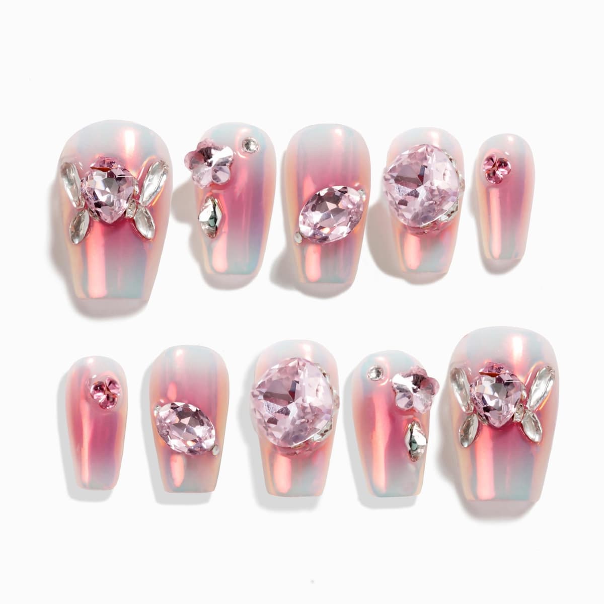 Sun&Beam Nails Handmade Press On Nail Long Coffin Ballerina Pink Flower Acrylic Fake Tip 3D Design Art Charms Cute with Storage Box 10 Pcs (S) — view 318