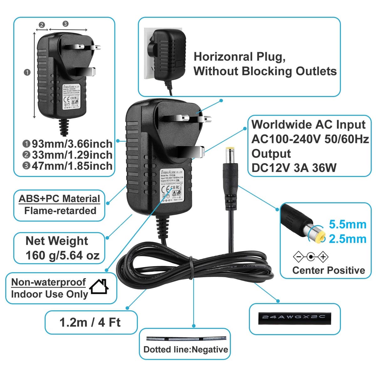 EFISH 12V 3A 36W Power Supply,AC to DC Adapter with 7 Selectable Adapter Conversion Heads fit for Led Strips,CCTV Camera,Cisco Router,Router,Alarm bell,Case Fan,CE Approved — view 3