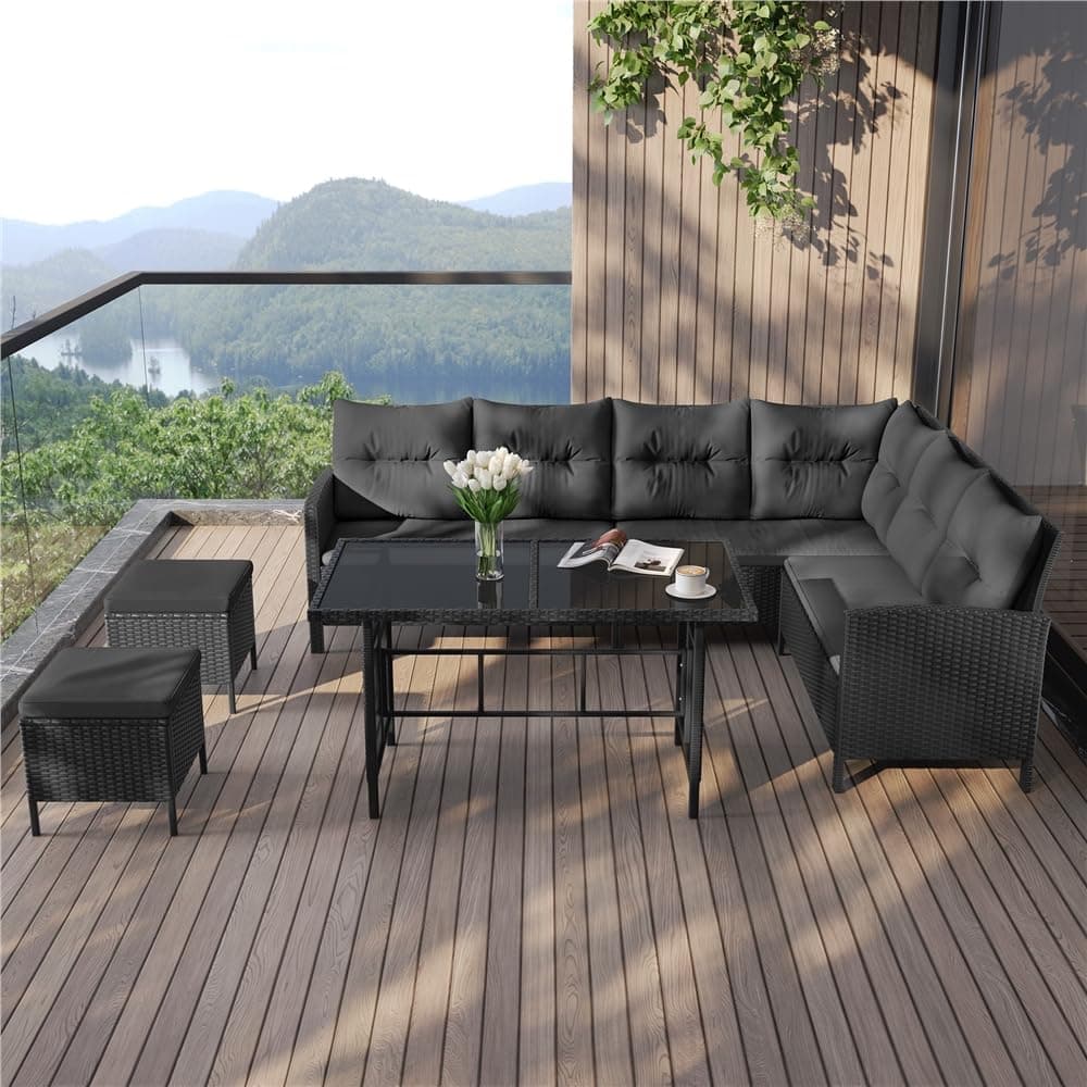 Yaheetech Juego de Muebles de Jardín 4 Piezas, Sofás de Ratán para Exterior con Mesa de Vidrio Templado Mesa y Sillas para Balcón Terraza Patio, Negro/Gris — view 2