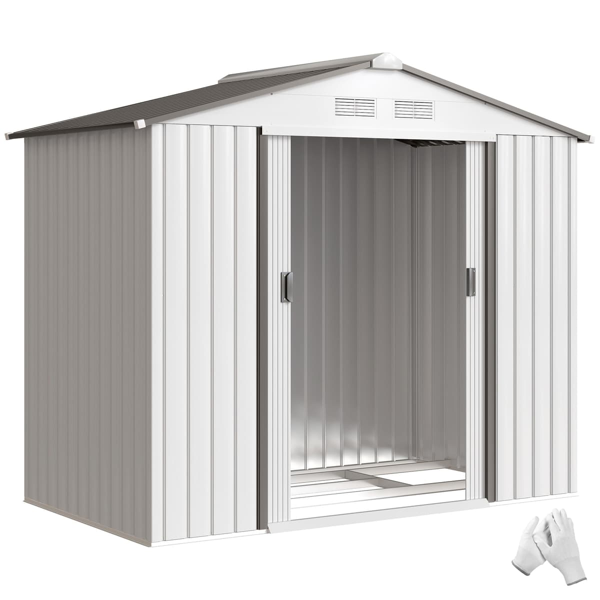 Outsunny Caseta de Jardín Exterior, 2,5 m² 213x130x185 cm, Cobertizo de Jardín Exterior Metálico con 2 Puertas Correderas, Base Refuerzo (Suelo NO Incluido) y 4 Ventanas, Blanco