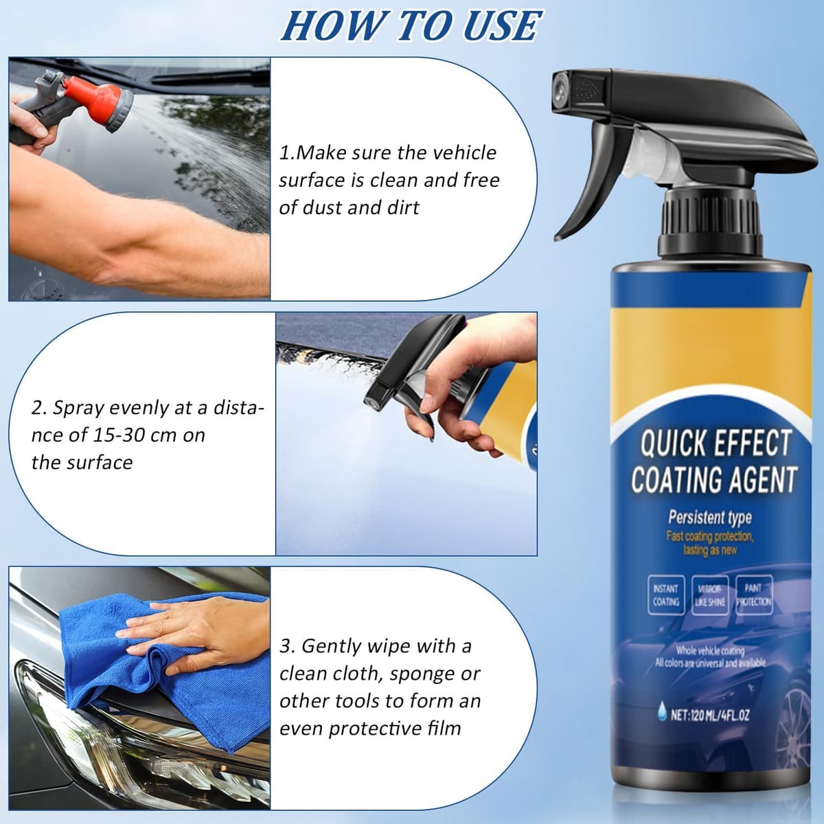 Car Polish Ceramic Coating Car Spray Wax, 3 in 1 Auto Ceramic Spray for Shine and Protection, Waterless Car Wash Quick Effect Coating Agent for Shine and Protection (1 PCS) — view 5