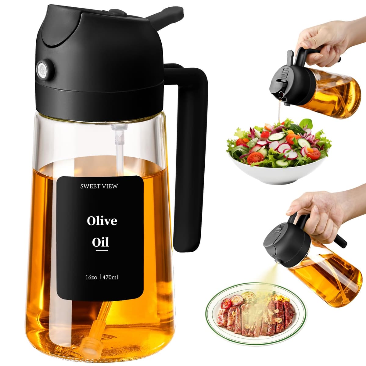 SWEET VIEW 470ml 2 en 1 Dispensador de Aceite y Pulverizador de Aceite, Vertedor Dispensador de Aceite de Oliva para, Cocina, Cocinar,Freidora de Aire,Ensalada, Barbacoa (Verde) — view 11