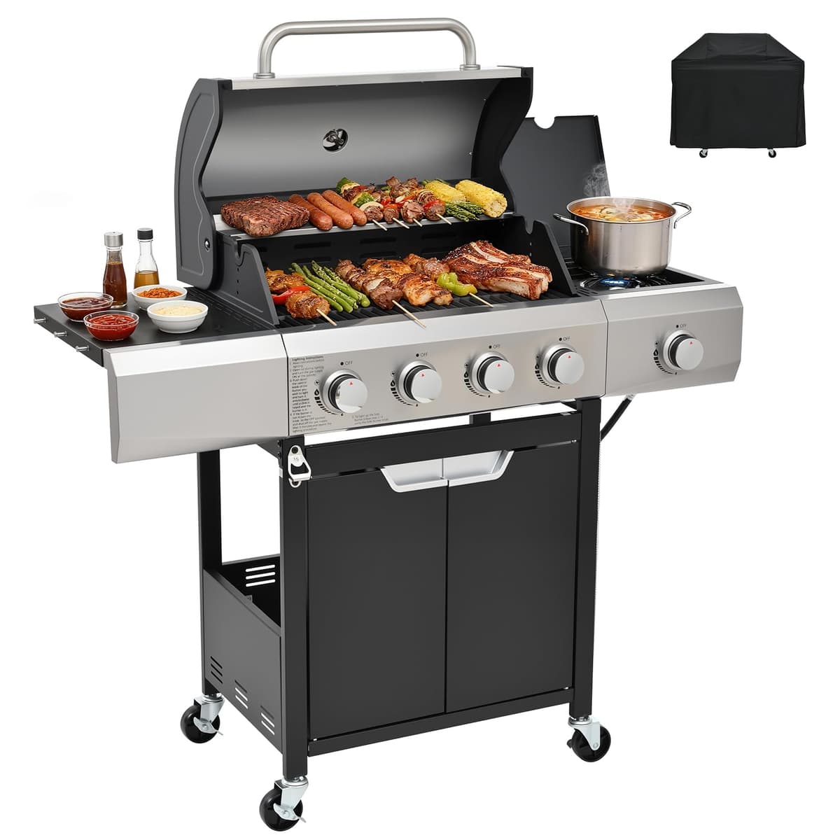 EUHOME 40,500 BTU 3-Burner Propane Gas Grill with Side Burner,Stainless Steel Outdoor BBQ Grill Portable with Wheels and Cast Iron Grates for Patio Garden Barbecue Cooking — view 10