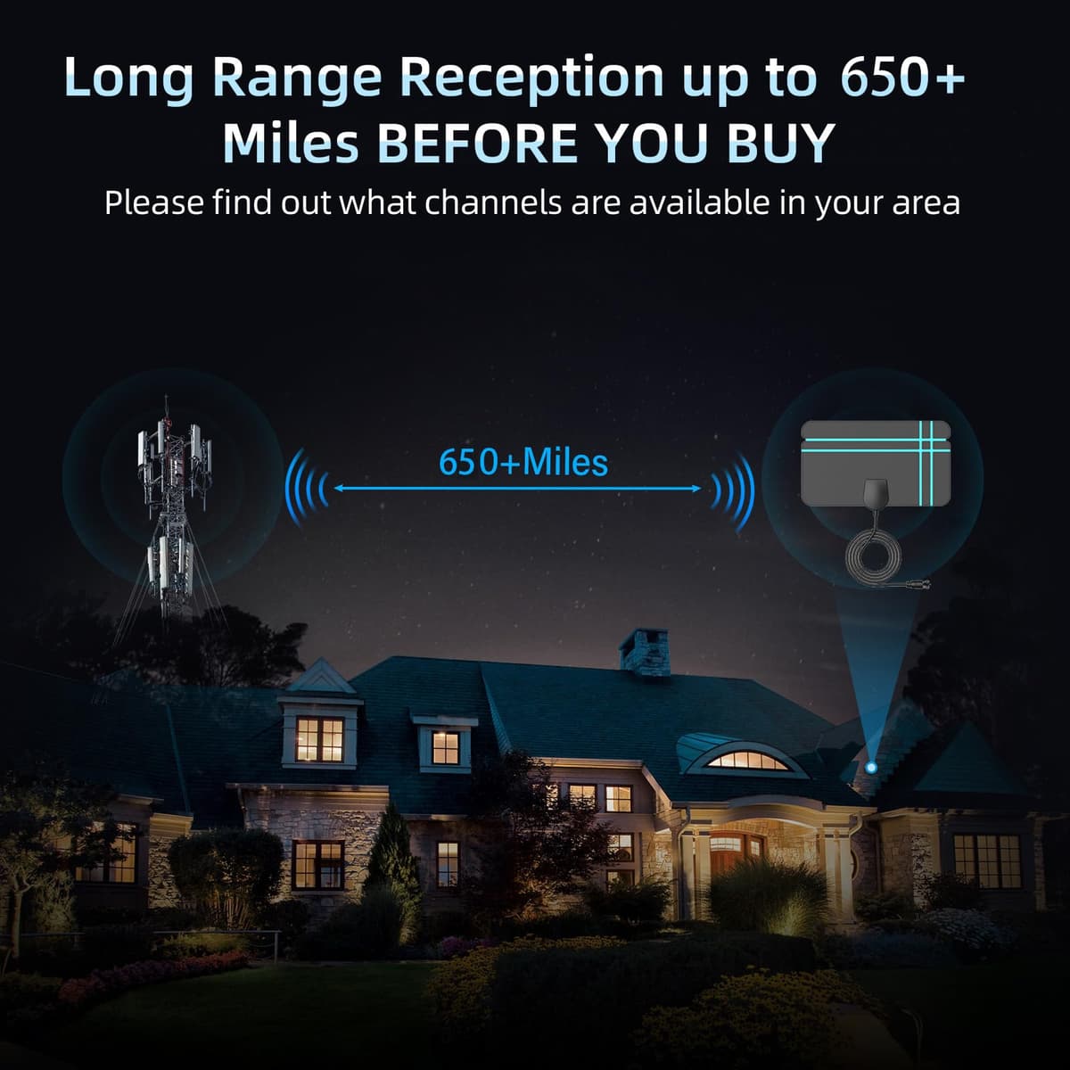 TV Ariels Indoor,650+ Miles Range Indoor TV Aerial for Smart TV and Older with Signal Booster - Digital Aeria for Local Channels Support HD 4K 1080P -16.4ft Aerial Cable (Classic Black) — view 2