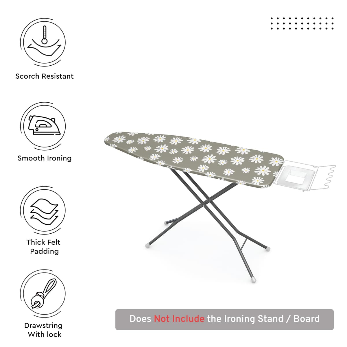 Encasa XO Ironing Board Covers and pad 135x45 cm- Thick 3mm Felt Padding, Drawstring Tightening & Lock, Heat Reflective, Scorch & Stain Resistant, for X-Large Ironing Board - Daisy Grey — view 3