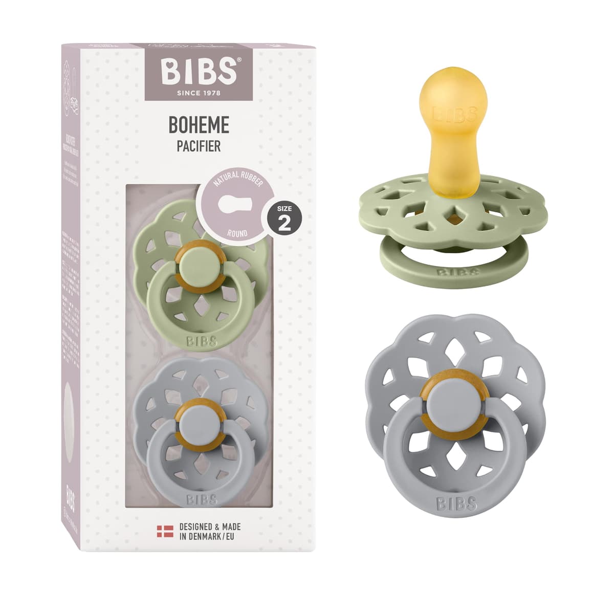BIBS Boheme Soother 2-Pack. BPA Free. Round Nipple. Natural Rubber Latex, Made in Denmark. Size 2 (6-18 Months), Blossom/Dusky Lilac — view 33