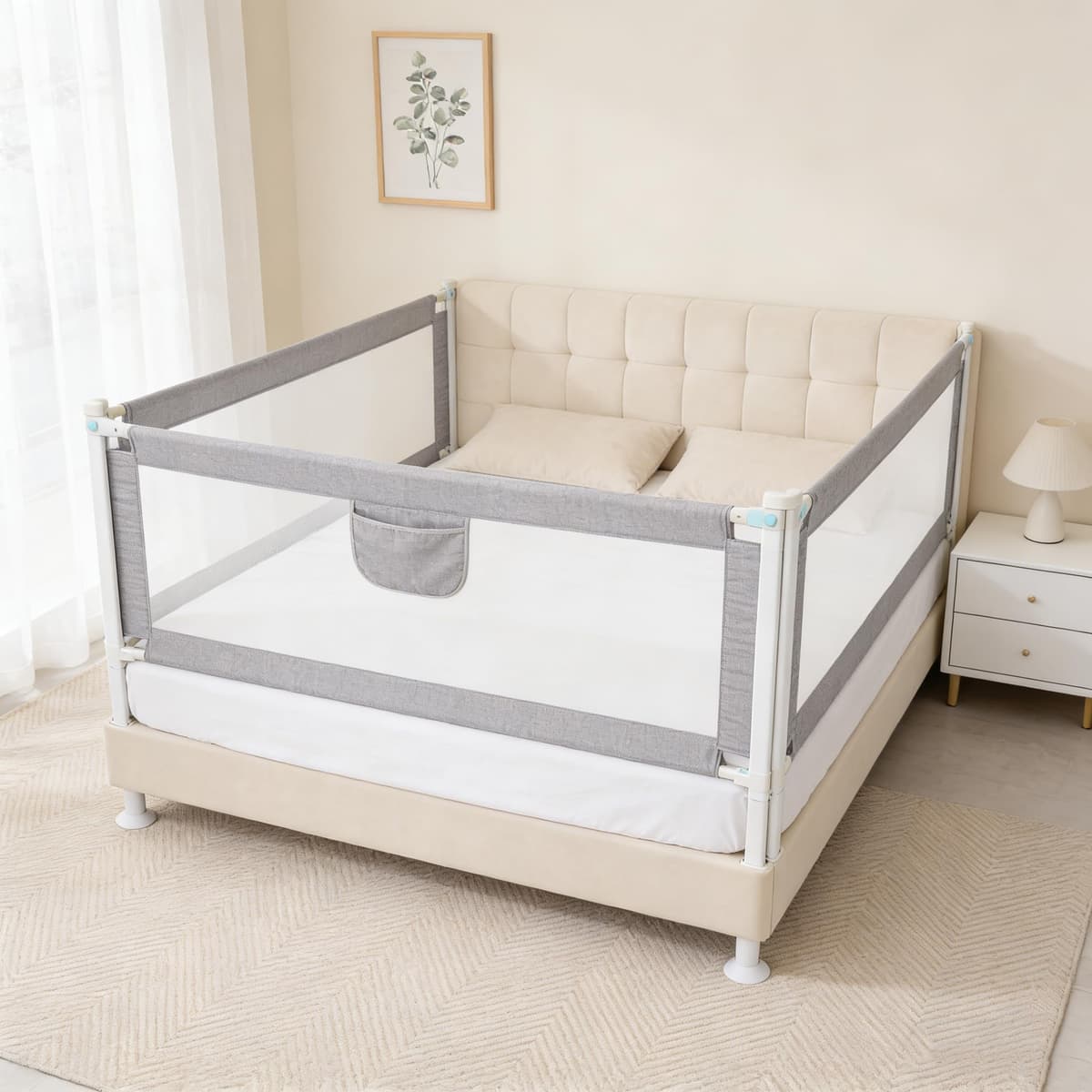 Barrera Seguridad Niños Cama, Barandilla Cama 150/180/200cm, Protección Anticaídas con Malla Transpirable, Barandilla Regulable en Altura 69-98 cm, Pasamanos con Bolsillo Lateral, Apto para Boxspring — view 2