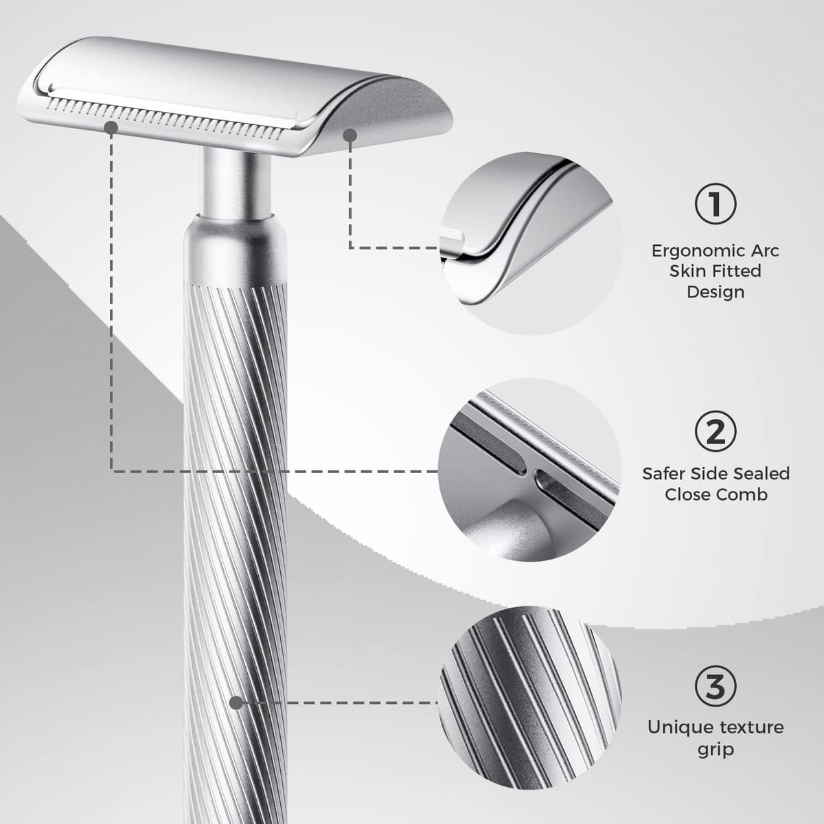 ZOMCHI Maquinilla de Afeitar de Seguridad de Doble Filo para Hombres y Mujeres, de Metal Premium con 10 Hojas de Doble Filo, de Una Sola Hoja - Plata Noble — view 4