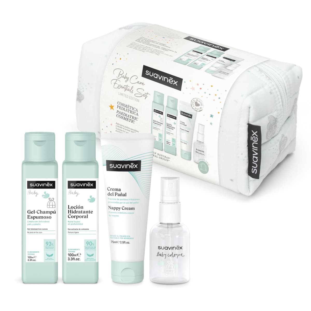 Suavinex, Neceser para Bebés de Tela, Set Regalo Bebé Recién Nacido con Cosmética: Gel Champú 100 ml + Loción Hidratante 100 ml + Crema Pañal 75 ml + Baby Cologne 50 ml. Formato Viaje. Azul Dreams