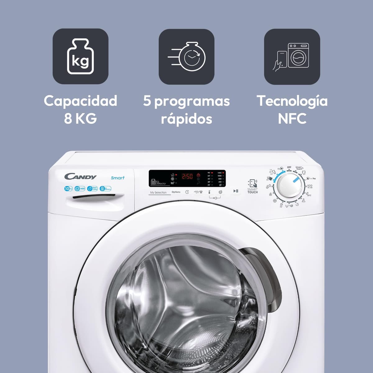 Candy Smart CS 14102DE/1-S, Lavadora 10 KG, 1400 RPM, Pantalla Digital y Mando, Tecnología NFC, Asistente de Voz, 15 Ciclos, 5 Rápidos, Planchado Fácil, Inicio Diferido 24H, Detector KG, 81 DB, Blanco — view 2