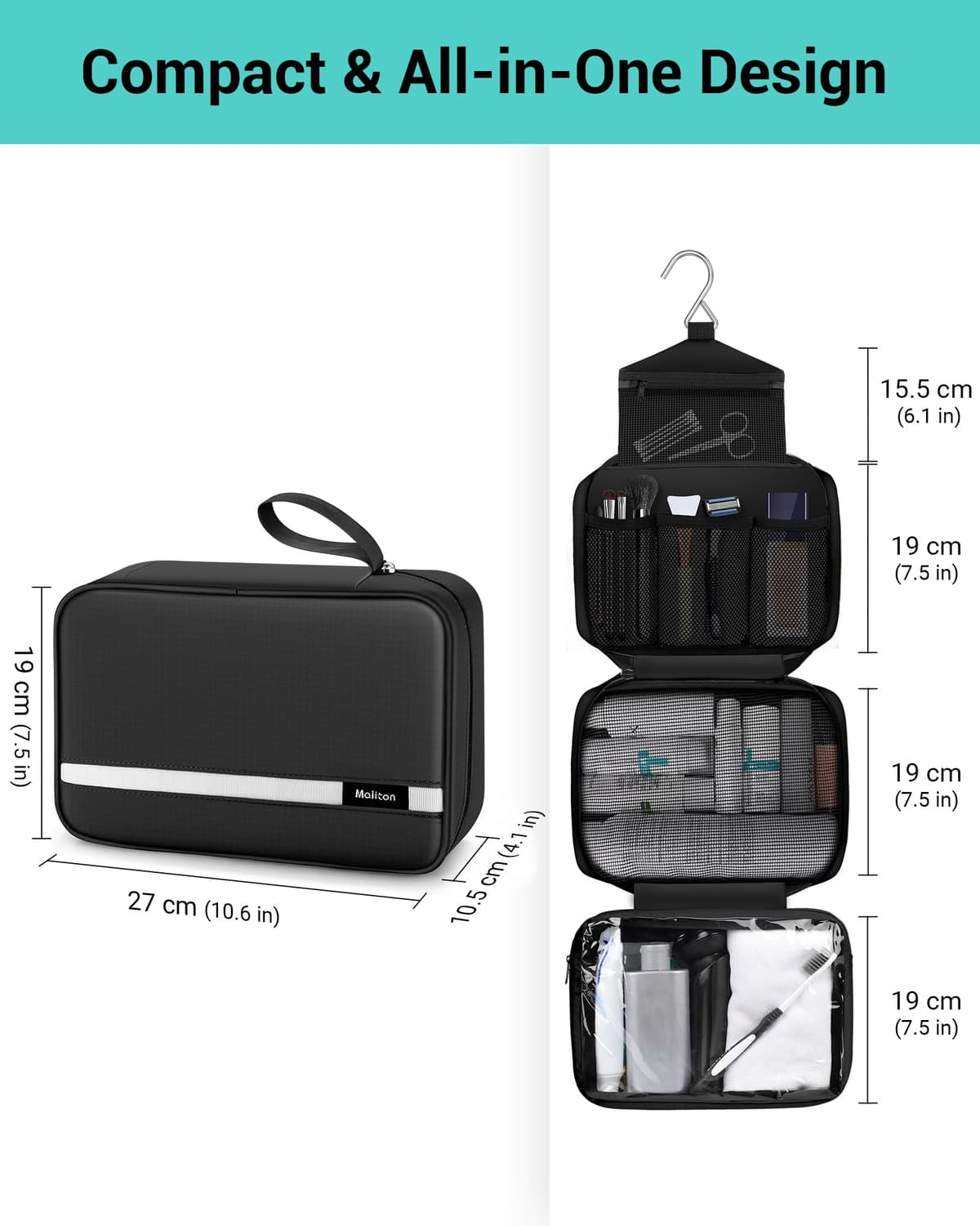Maliton Hanging Toiletry Bag, Waterproof Large Mens Wash Bag, Foldable Travel Toiletry Bag with 4 Compartments, Travel Essentials for Business Trip, Vacation and for Overnight & Shower（Black） — view 3