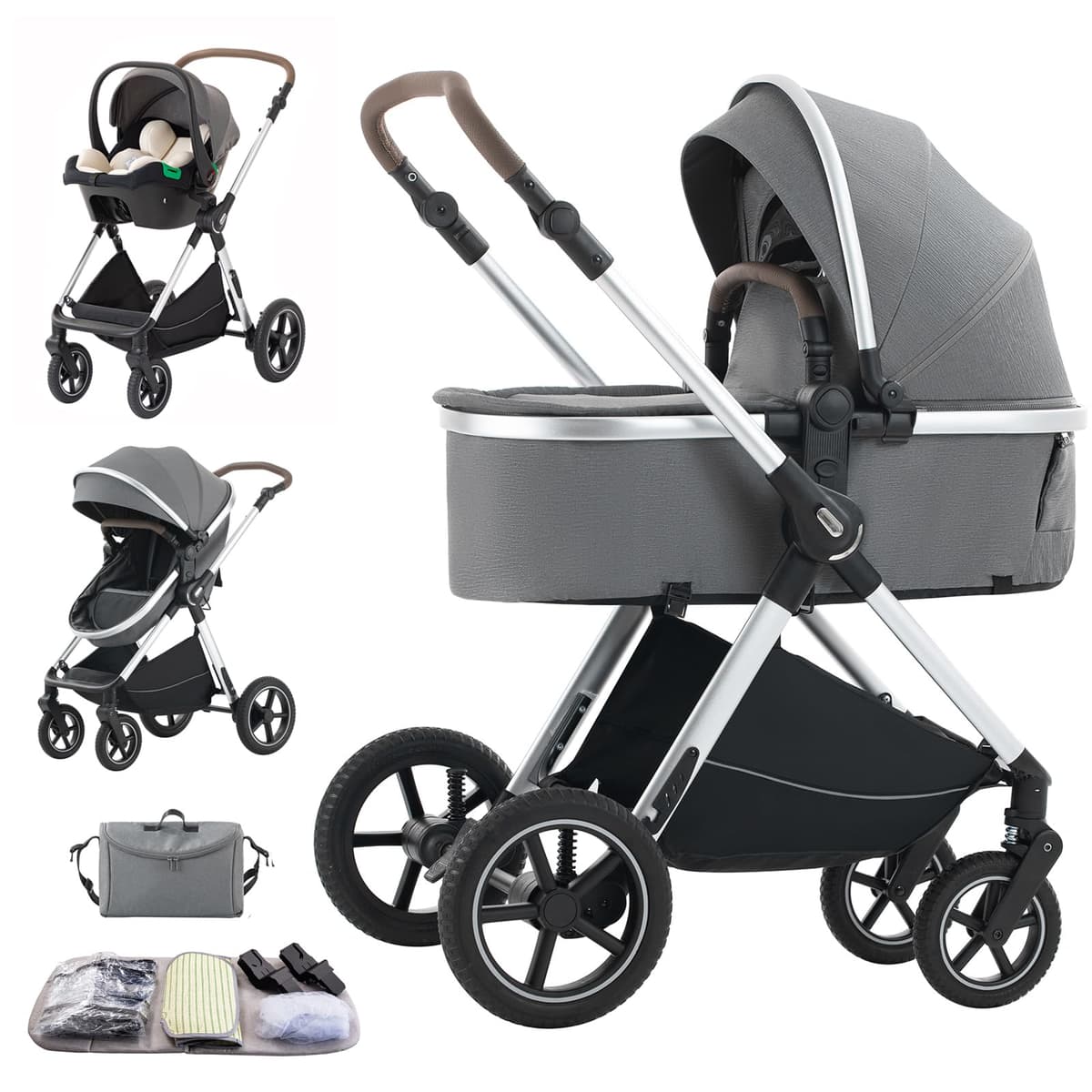 3 in 1 Baby Stroller with Height Adjustable Handle,3 in 1 Prams Travel System, Lightweight Foldable Pushchair, Prams with Aluminum Frame for Portable Baby Carriage (D2 Pink, H2-D) — view 9