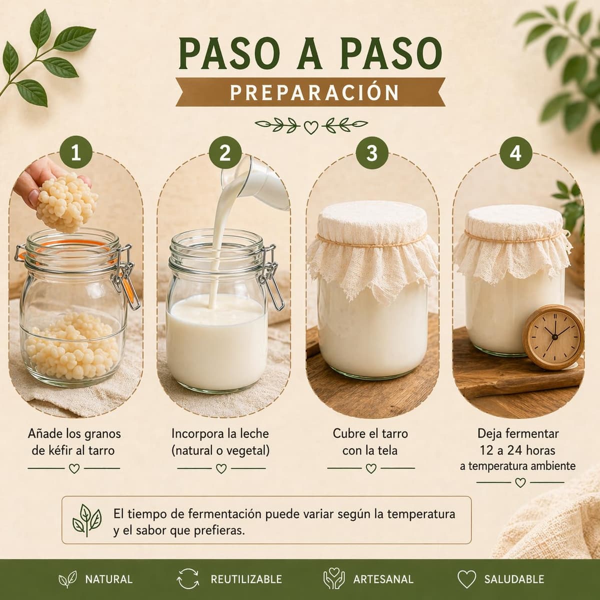 Kit kefir casero - MAGIC RAINBOW - Tarro de cristal con tapa 750 ml colador plástico cuchara madera paño textil y caja de inicio para preparación doméstica - Sin kéfir incluido — view 3