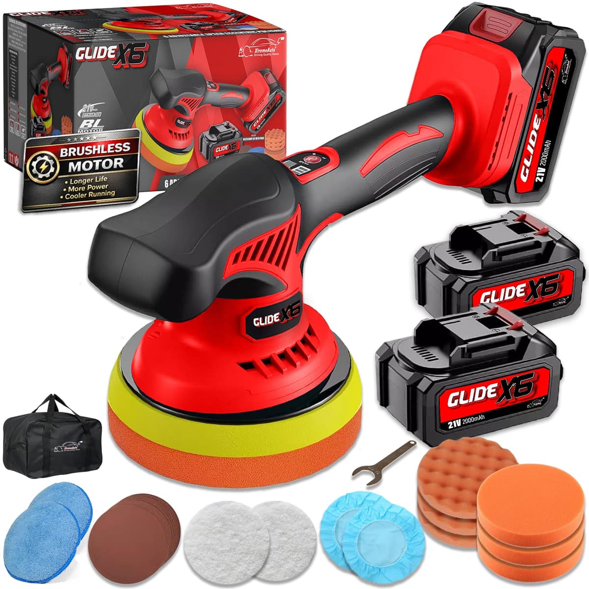 Xtremeauto Glide X6 Cordless Dual Action Car Polisher Kit – 21V Brushless Buffer & Waxing Machine with 2 Batteries, Variable Speed Orbital Polishing Tool for Car Detailing, Scratch Removal & Finishing — view 4