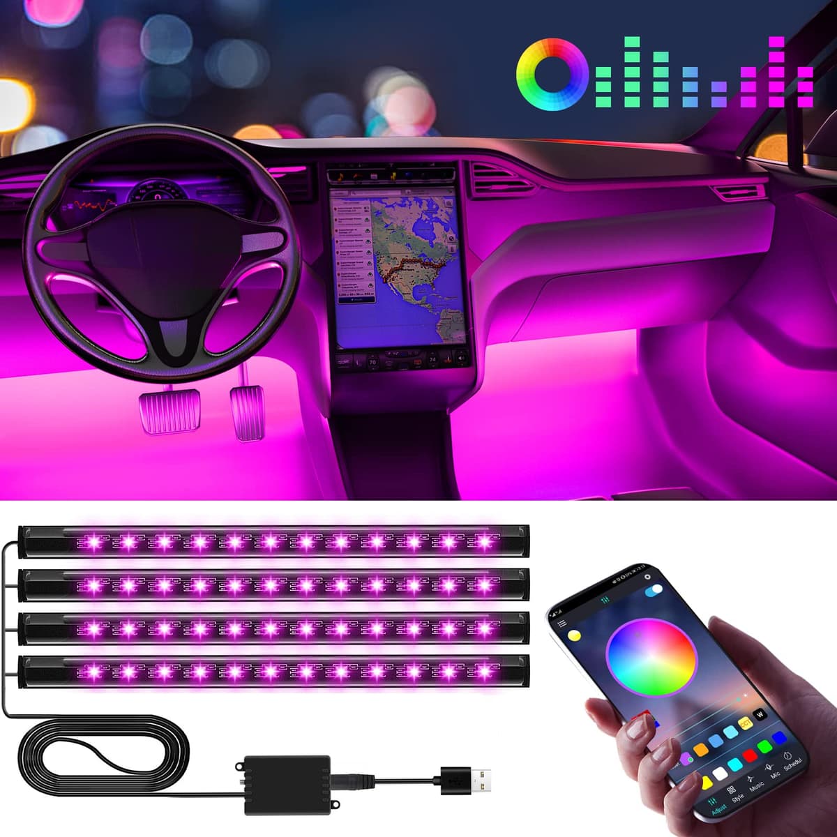 Gifts for Men Husband, Winzwon LED Interior Lights for Car Accessories for Men Women, USB Port APP Control Auto Stuff Lighting Kits Decoration Atmosphere Strip Lights 1 Pack