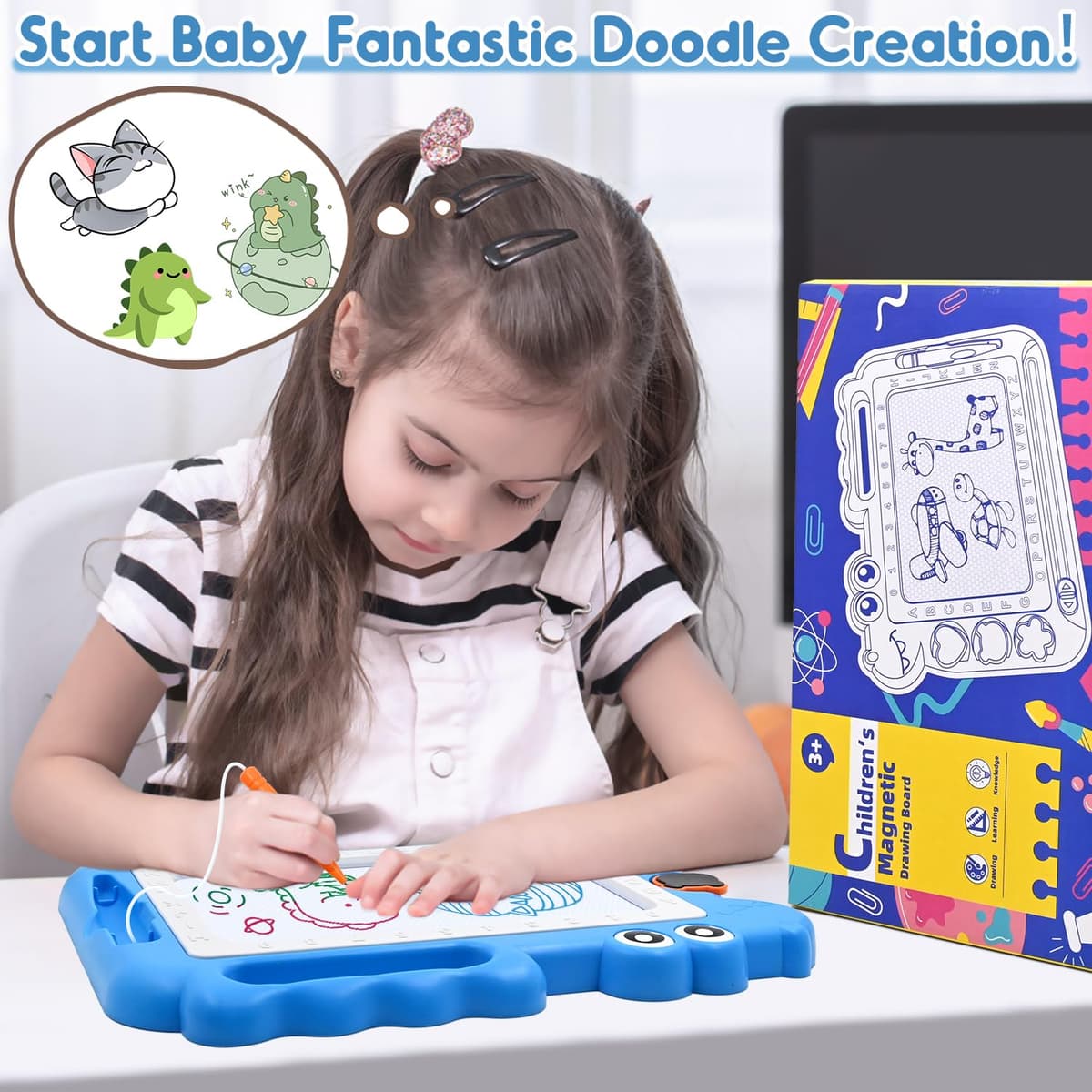 Dinosaurio Pizarra Magnética Infantil Juguetes 3 4 5 Años, Pizarra Magica Colorido Juegos Educativos Regalos para Niñas y Niños 3-5 Años, Viaje Juguetes con 4 áreas Color 3 Sellos 1 Bolígrafo, Azul — view 7