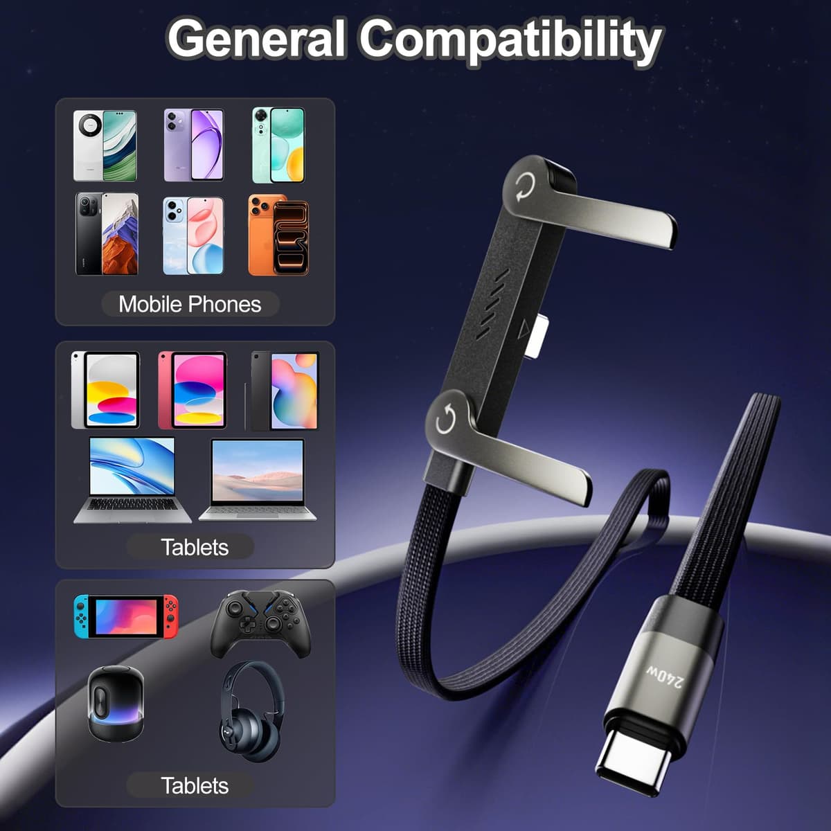 Noaya 2-in-1 Invisible Stand Charging Cable - 240W Fast Charging Cable, 4.9FT Multi Charger Cord with Type C, T-Shaped Foldable Stand for Smartphones,Tablets,Laptops(1PCS) Office Product 2512-02 — view 3