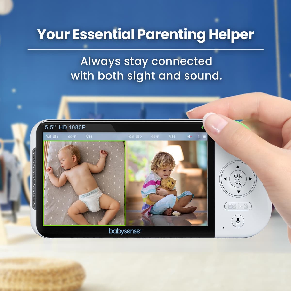 Babysense Full HD Split-Screen Baby Monitor with 2 PTZ Cameras, Two-Way Talk, 6-Color Night Light, 5000mAh Battery, Long Range, 4x Zoom, and Crystal-Clear Audio — view 2