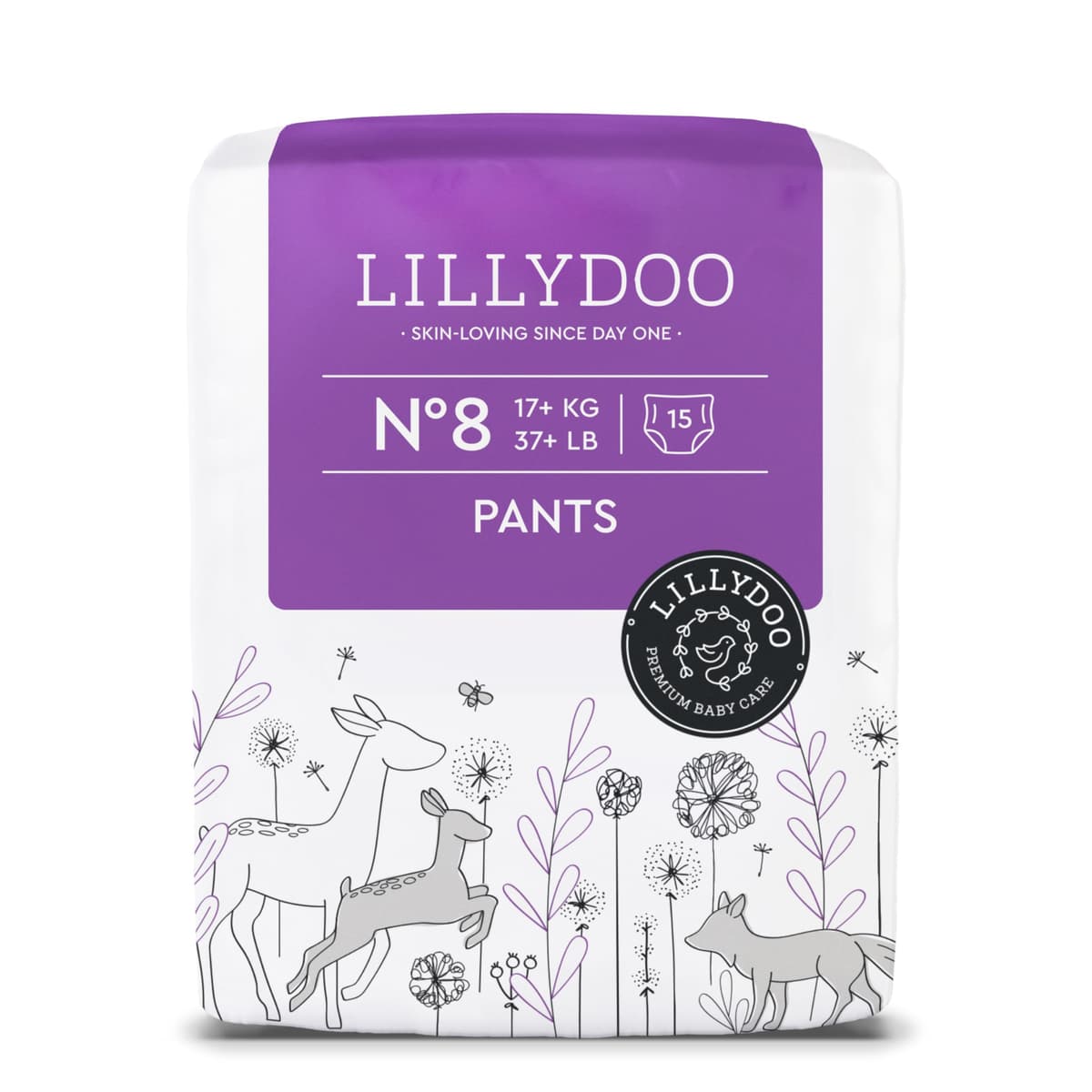 Pañales-braguita LILLYDOO - talla 8 (17+ kg), 15 unidades, protección contra fugas, delicados con la piel, suaves, sin perfumes ni lociones, dermatológicamente testados