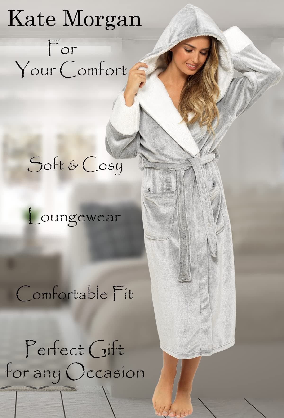KATE MORGAN Ladies Dressing Gown Fluffy Super Soft Hooded Bathrobe for Women Plush Fleece Perfect Loungewear Long Robe | Gifts for Women — view 8