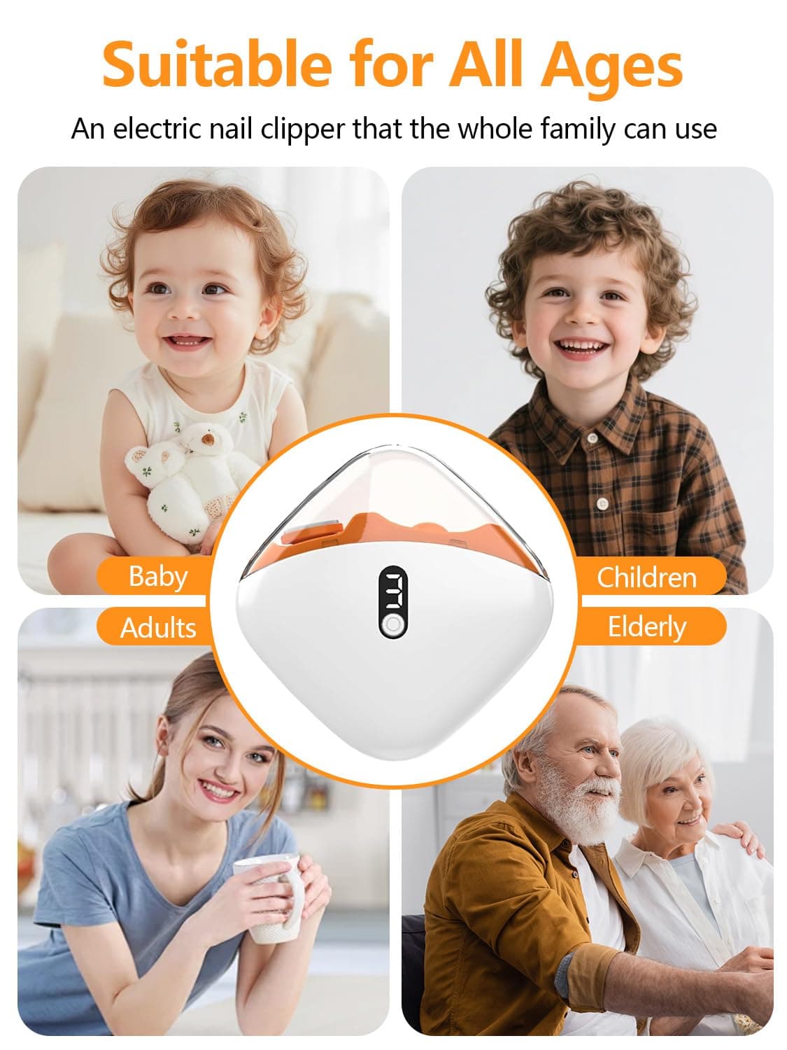 Cortaúñas Eléctrico Mejorado 2026,2 en 1 Cortauñas y Pulidor Automático con 3 Velocidades,con Pantalla LED,Lluminación Auxiliar, Recargable por USB C,Para Bebés/Niños/Adultos/Personas Mayores(Naranja) — view 7