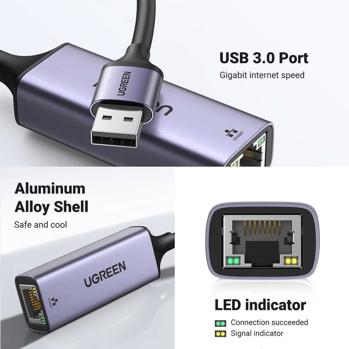 UGREEN USB Ethernet Adapter, 1000 Mbps Gigabit Network Adaptor, Aluminum RJ45 LAN Internet Adapter Driver Free Compatible with Switch, MacBook Pro 2022 2020,TV Box,XPS,Steam Deck (Grey Type A) — view 4