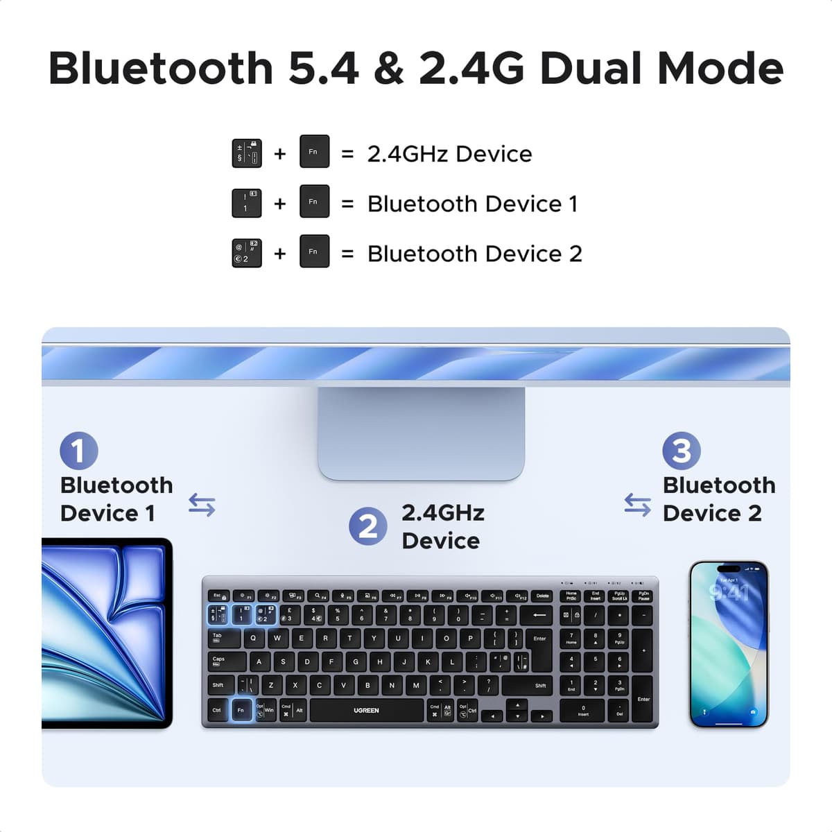 UGREEN Wireless Keyboard, Bluetooth Keyboard with UK Layout, Mini and Rechargeable Ergonomic Keyboard, BT5.4 &2.4GHz Dual Modes, Connect 3 Devices, for ipad/PC/Tablet, Windows/macOS/Android/Linux,etc. — view 2