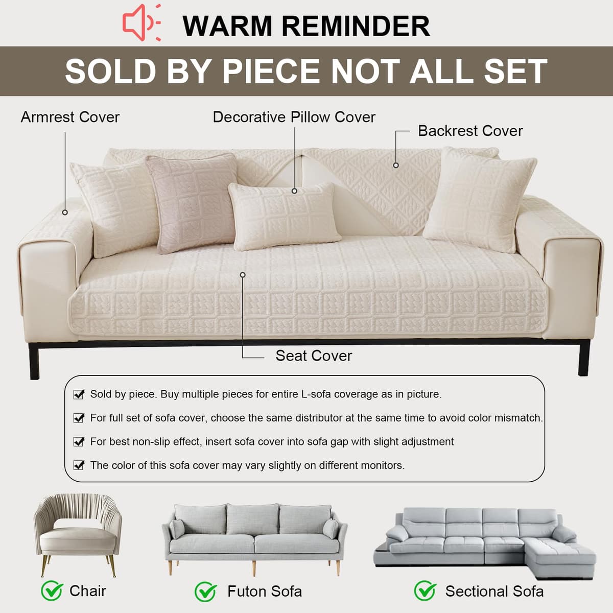 SHANNA New Milk Velvet Soft Sofa Cover 1 2 3 Seater, Universal Couch Covers Non-Slip Corner Sofa Cover L Shape Sofa Slipcovers Furniture Protector for Living Room(Cream, 1PC 70 * 180cm Cushion Cover) — view 3