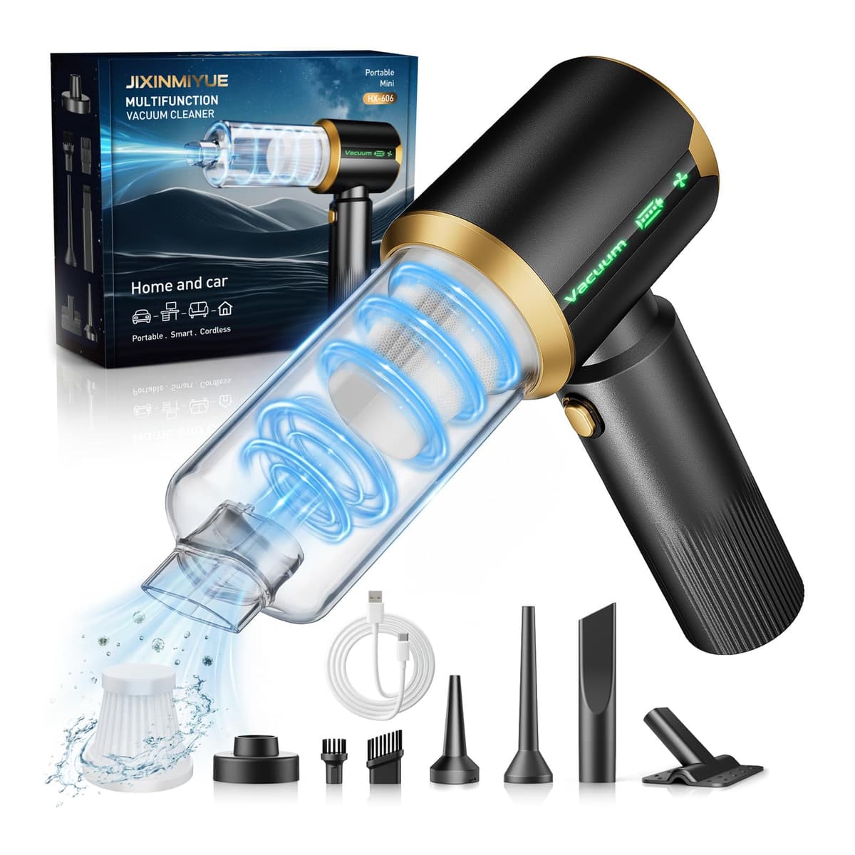 Cordless Car Vacuum Cleaner: Handheld Vacuum with 16000Pa Strong Suction, Brushless Motor & HEPA Filter, 7-in-1 Cleaning Kit, Type-C Charging for Home Office Car Pet - Ashen