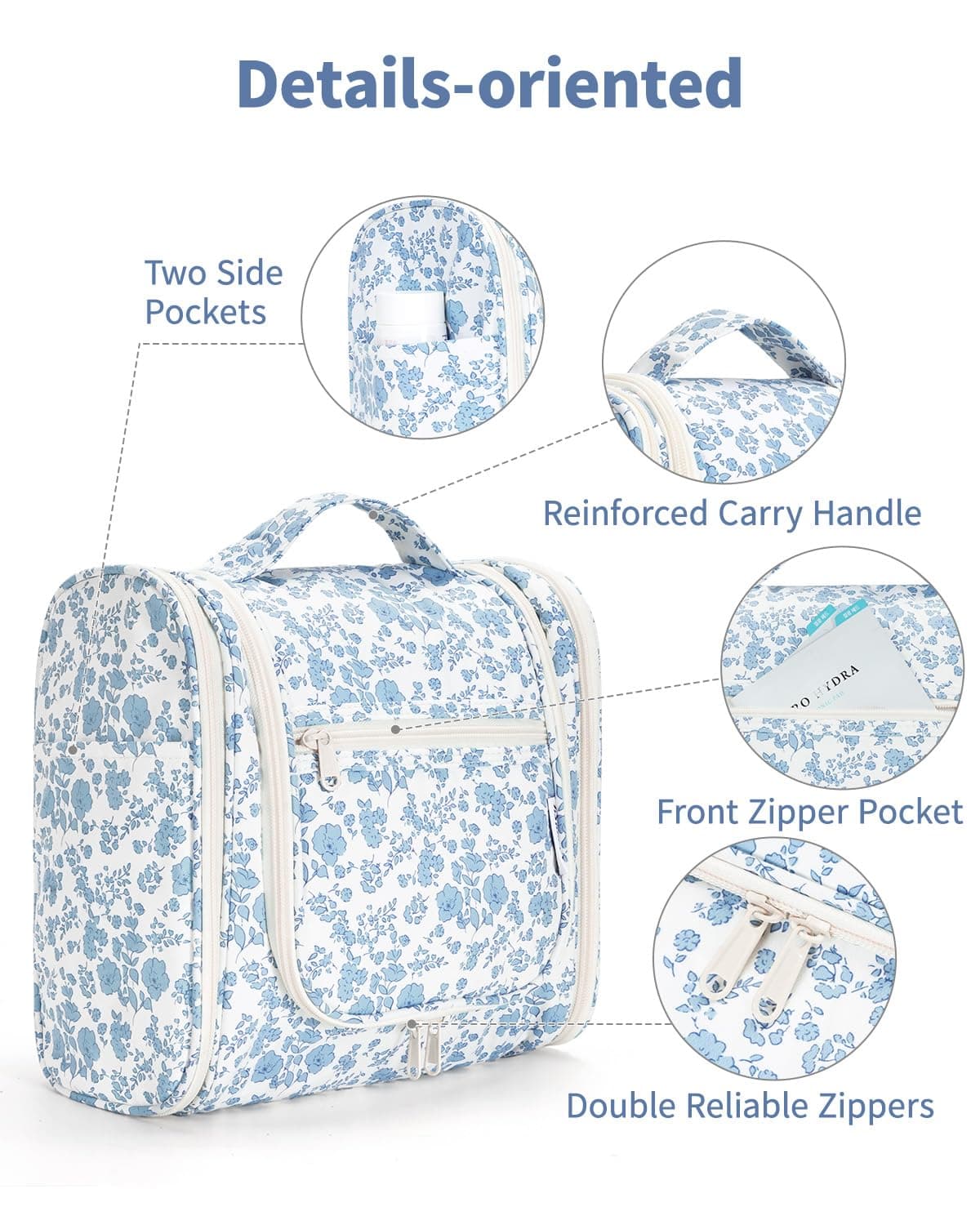 Narwey Hanging Toiletry Bag for Women Travel Makeup Bag Organizer Toiletries Bag for Cosmetics Essentials Accessories (Large, Little Blue Flower) — view 5