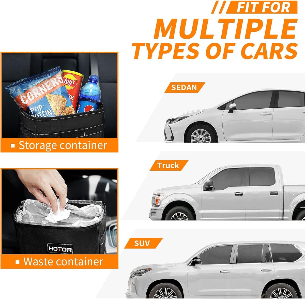 HOTOR Car Bin: Leak-Proof, Foldable, Waterproof Interior Accessory With Lid, Adjustable Straps and Multiple Pockets — view 6