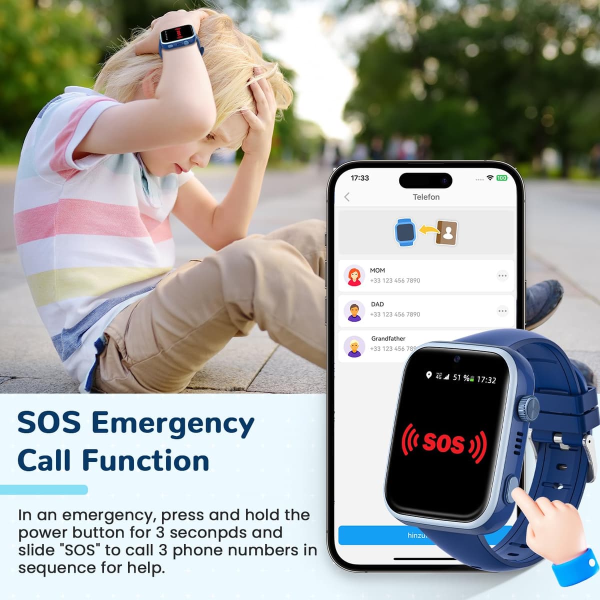 Oliimptek 2026 Nuevo Reloj Inteligente Niño, Smartwatch Niños con Llamadas y GPS, Videollamadas/Chat de Voz/WhatsApp/WiFi/SMS/SOS/Modo Escuela/Dormir/Despertador, IP68 Reloj Niño y Niñas Azul 4-14 Año — view 5