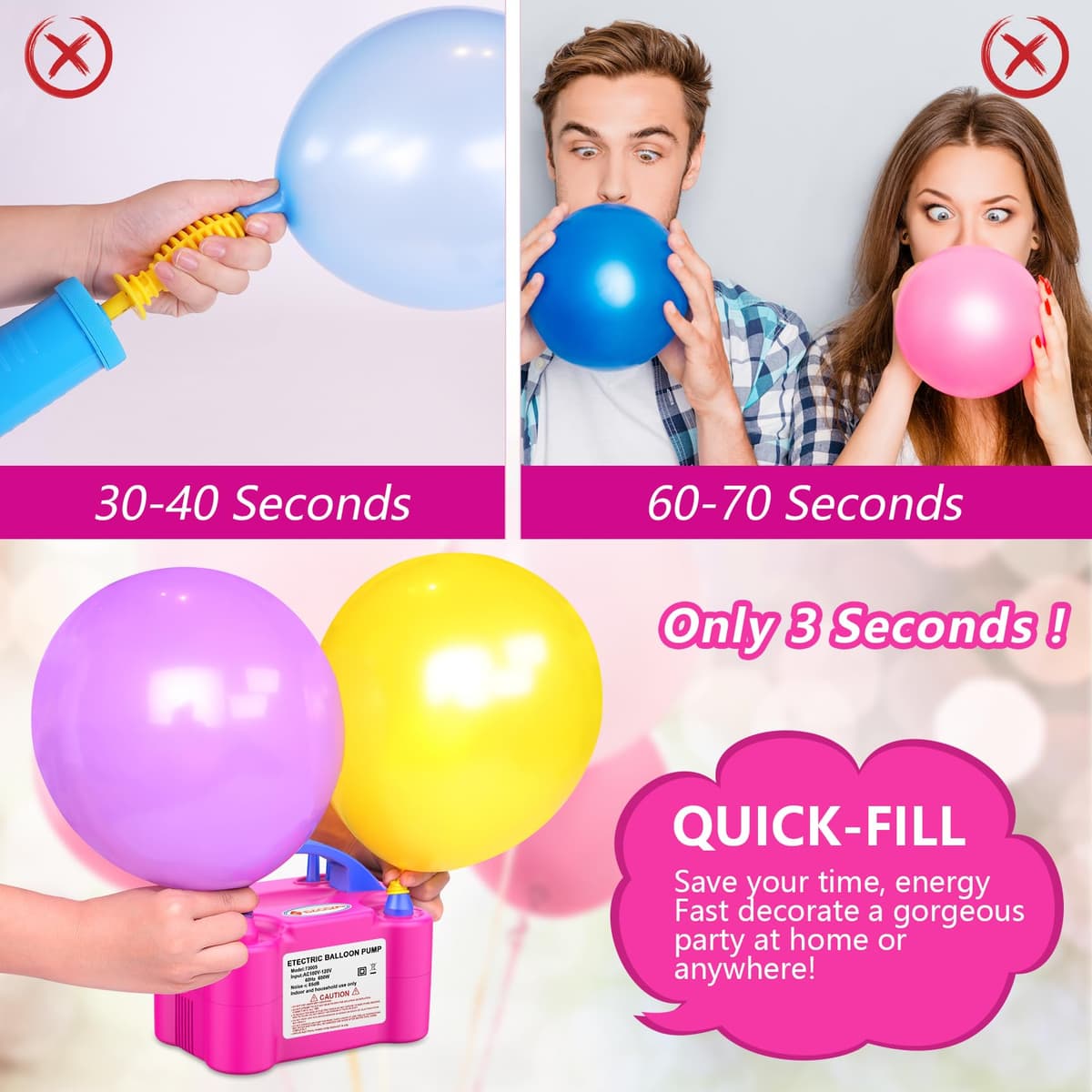 IDAODAN Electric Balloon Pump, Portable Electric Balloon Blower Machine Balloon Air Pump Dual Nozzle Rose Red 110V 600W Balloon Inflator for Party Decorations — view 3