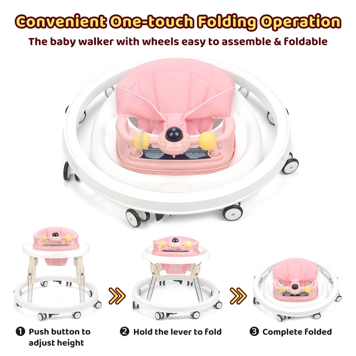 Baby Walker, Foldable Multi-Function Anti-Rollover Walker with Music Tray & Light, 7 Level Height Adjustable, Baby Walkers for 1 Year Olds Suitable for All Terrains (Pink) — view 4