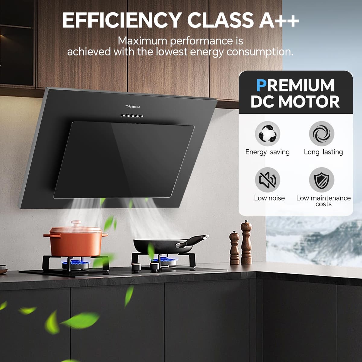 TopStrong Cooker Hood 60cm, Class A++ Extractor Fan Kitchen with Carbon Filters, Wall Mounted Extractor Hood with Recirculating & Ducting System, 3 Speed Black Painting & Tempered Glass, LED Lights — view 3