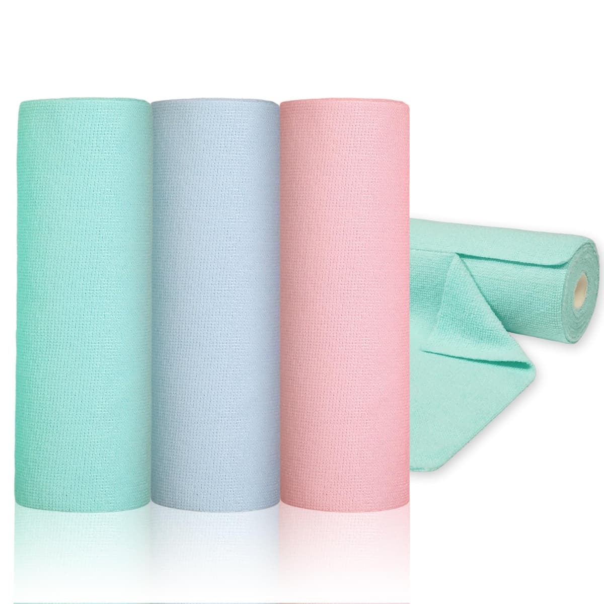 Romon Bayetas Microfibra, 60 Piezas Compacto Rollo de Paños Microfibras, 25x25cm Trapos Cocina Desprendible con Una Mano, Reutilizable hasta 50 Veces, para Cristales Hogar y Coche (Rosa, Cian, Azul)