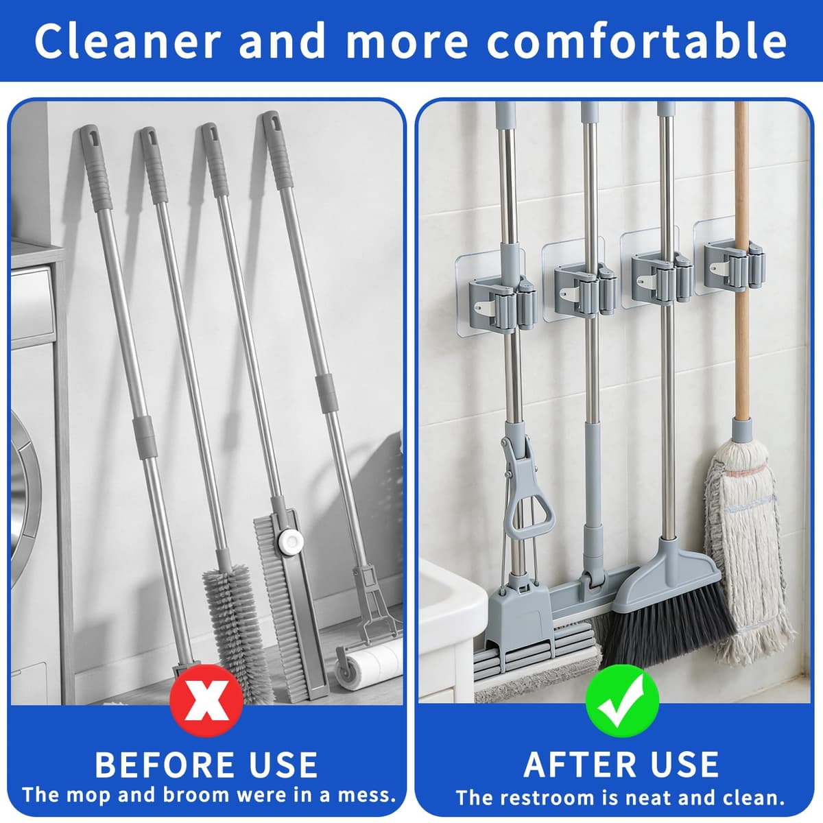 Soporte de pared para escoba, paquete de 4 soportes para fregona y escoba, de plástico, para pared, gris, organizador ahorrador de espacio para cocina, lavandería, garaje, jardín, fácil de instalar — view 5