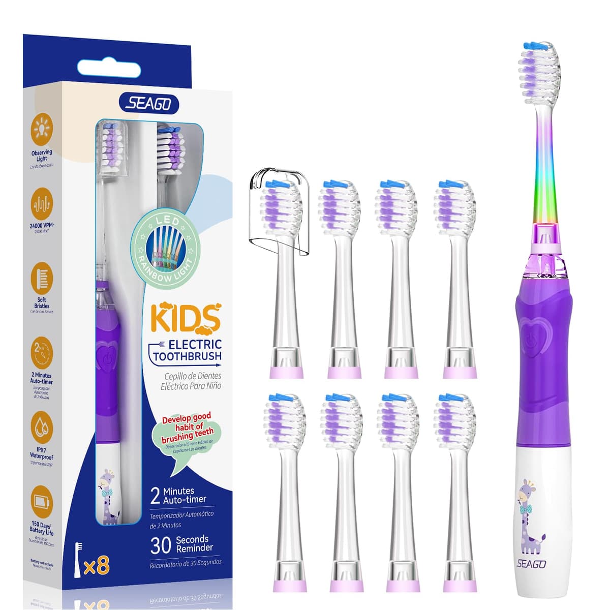 Seago Cepillo de Dientes Infantil Eléctrico Para Niños 3–12 Años Kids Con Luz de Colores,Temporizador Inteligente de 2 minutos,4 Cabezales Suaves SG-EK6/SG-977 (Rosa) — view 17