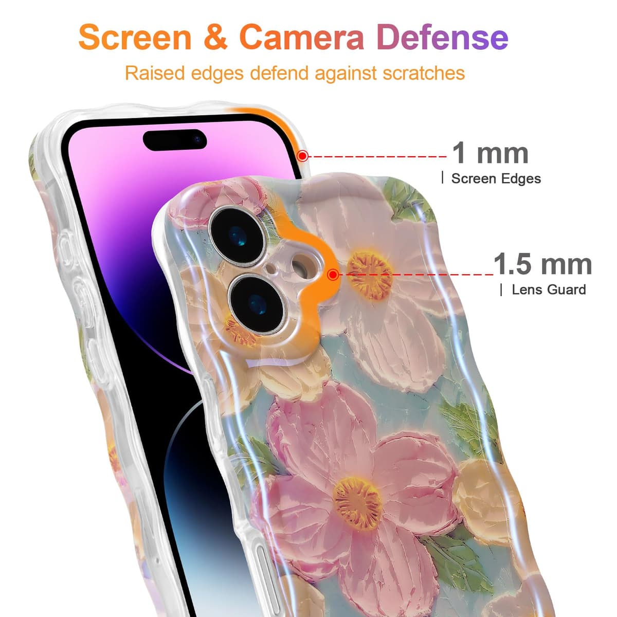 EYZUTAK Case for iPhone 16, Colorful Retro Oil Painting Printed Flower Laser Glossy Pattern Cute Curly Wave Edge Exquisite Phone Cover Stylish Durable TPU Protective Case for Girl Women-Green — view 4