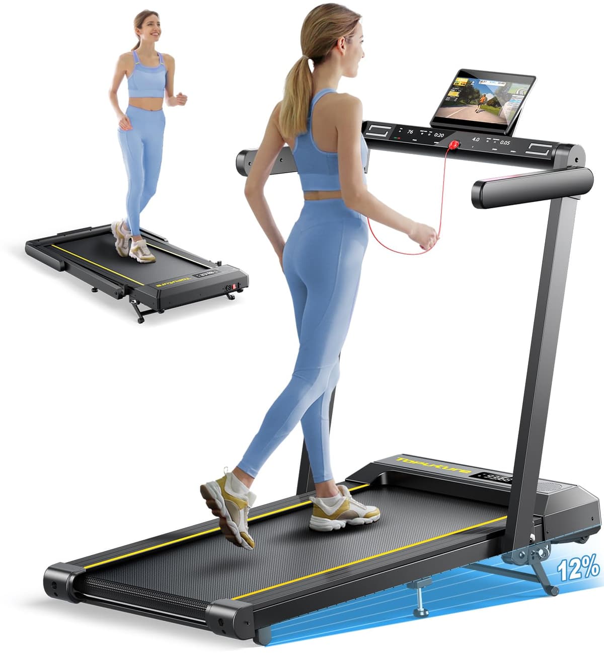 Walking Pad Treadmill with 12% Incline, 4 in 1 Folding Treadmill for Home/Office with Handle Bar, 2.5HP Under Desk Treadmills Portable Walking Pad with App & Bluetooth Speaker, 0.6-10MPH