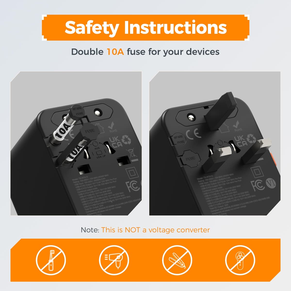 TESSAN Universal Travel Adapter Worldwide with 4 USB (2 USB C), International Travel Adapter UK to European Power Universal Plug Adaptor for EU USA Australia Thailand (Type C, G, A, I), Black — view 5