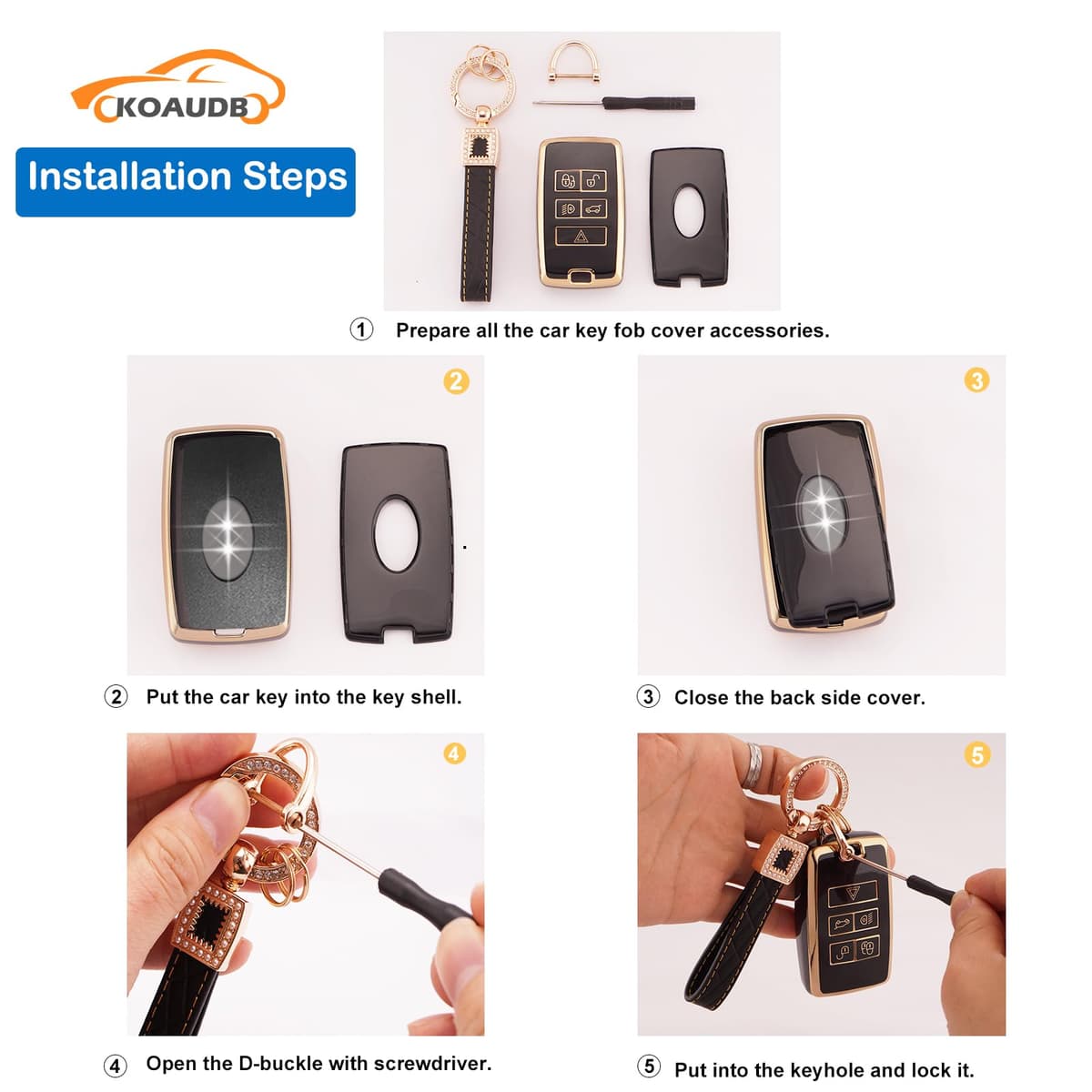 Car Key Cover - 5 Button Fob Case for Discovery Sport, Defender, Range Rover Evoque, Velar, Jaguar XE, XF, XJ - TPU Protection with Leather Keychain - Shell Black Gold — view 4