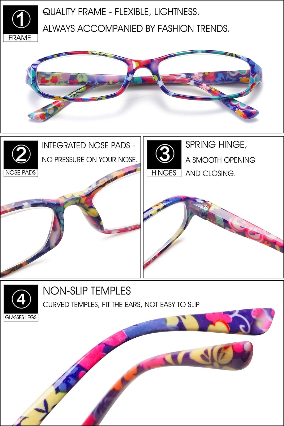 VEVESMUNDO Gafas de Lectura Mujer Hombre Compactas Portatiles Flores Anteojos Para Leer con Colores Bolsillo 1.0 1.25 1.5 1.75 2.0 2.25 2.5 2.75 3.0 3.5 4.0 — view 4