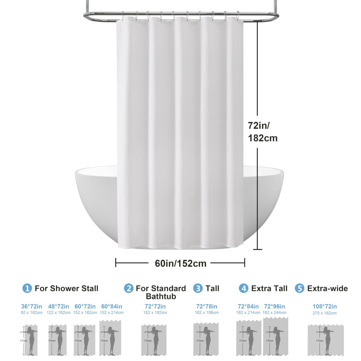 Cortina de Ducha para Baño Impermeable con Ganchos de Metal Cortina de Ducha de Tela Waffle Cortina de Baño Resistente y Antimoho para Bañera o Cabina - 152 x 182 cm (Blanco) — view 6