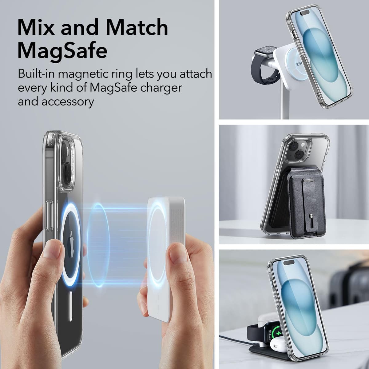 ESR Funda para iPhone 15, Compatible MagSafe, Protección Grado Militar a Prueba Golpes, Funda Magnética para iPhone 15, Funda Híbrida Classic (HaloLock), Transparente — view 3