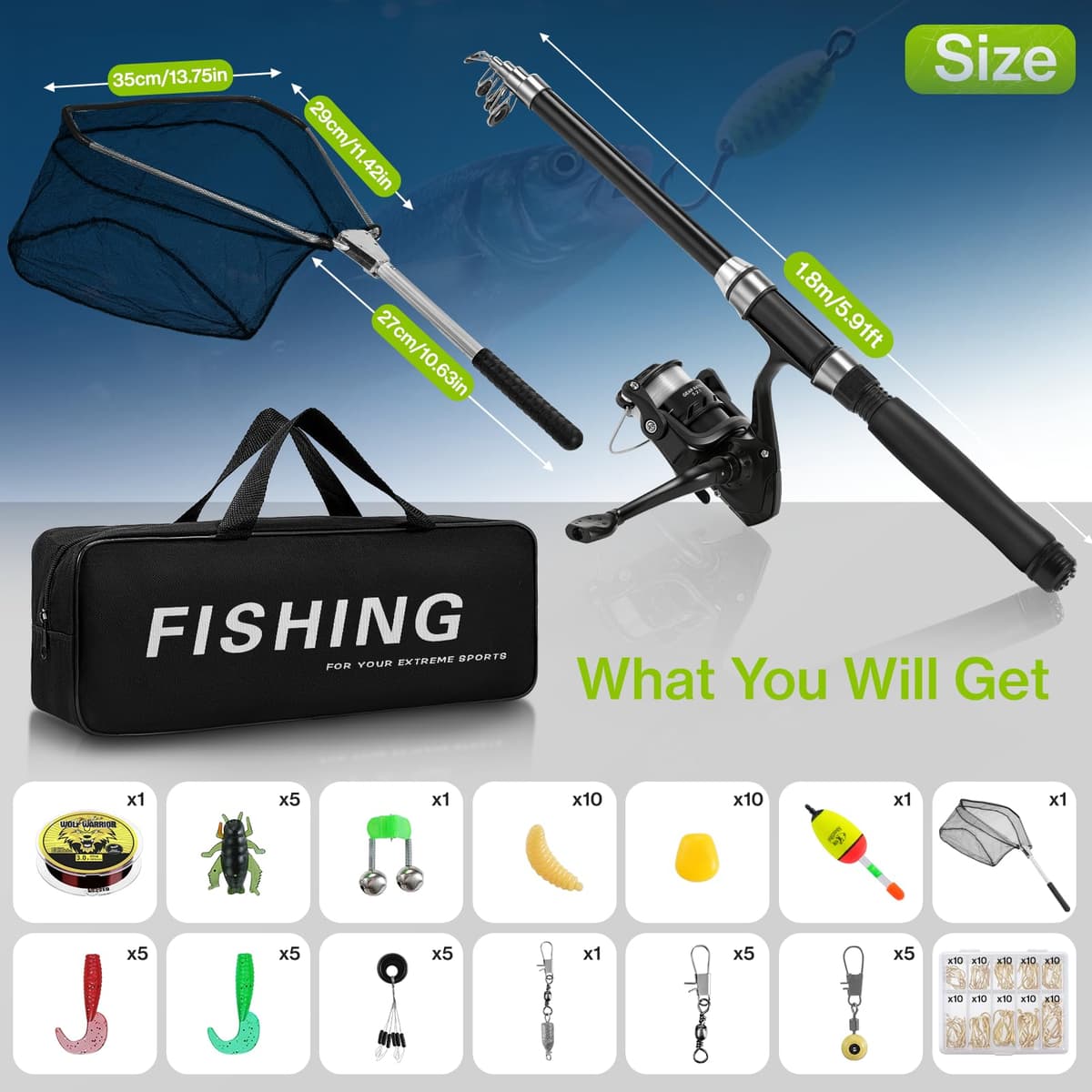 Lomffy Juego Combinado de Carrete y Caña de Pescar Telescópica, 1.8m Kit de Caña de Pescar Portátil con Red de Pesca Caña de Pescar Telescópica con Carrete con Línea Señuelo Bolsa de Transporte — view 2