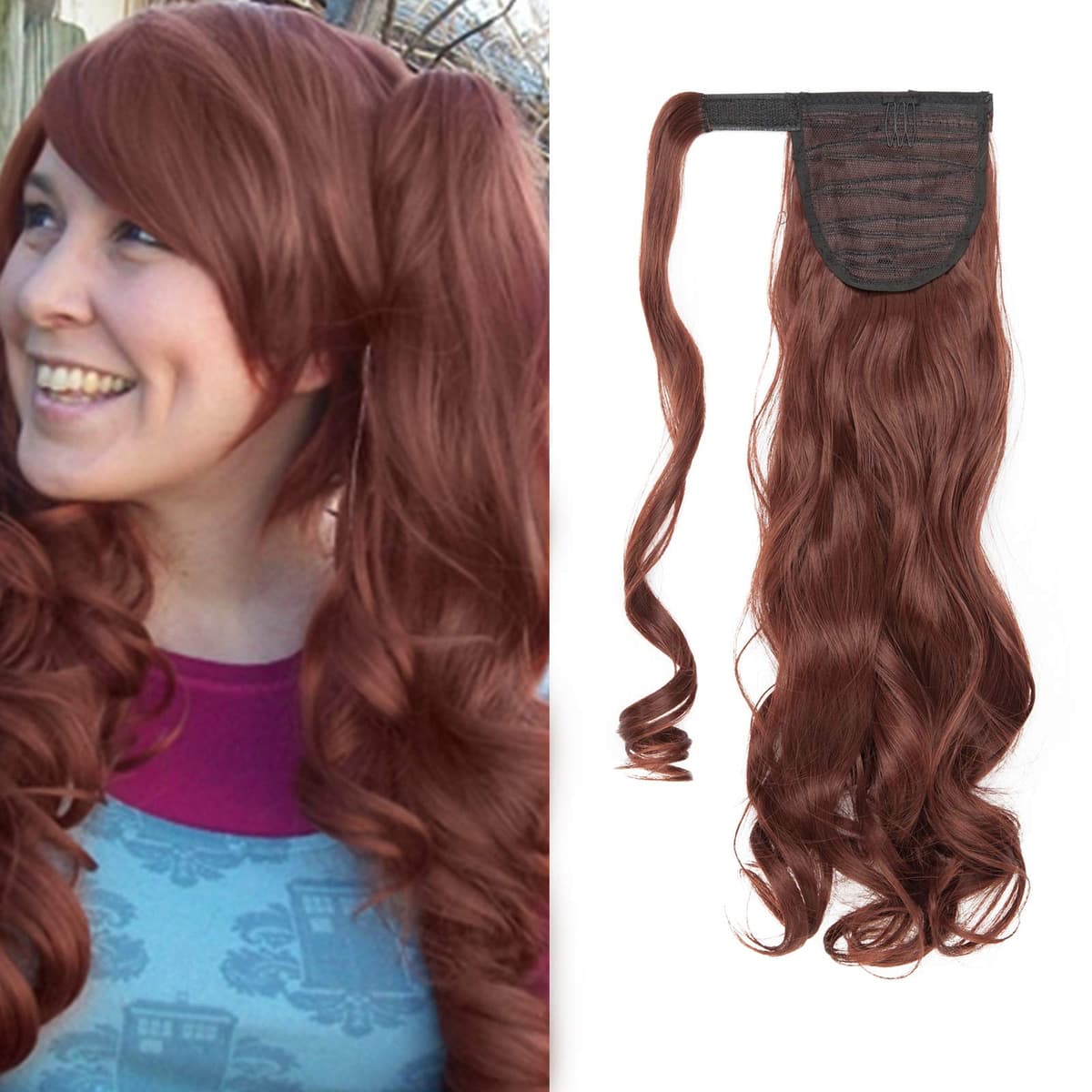 17"(43cm) SEGO Ponytail Long Synthetic Hair Looks Natural [Red Brown/Orange] Clip in Hair Extensions Curly Tail Ponytail Extension (90g) — view 82