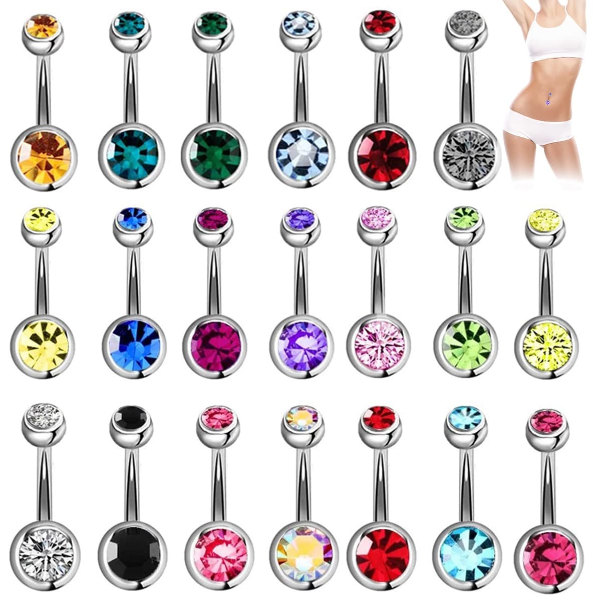 CocCCoon Stainless Steel Belly Rings - 20 PCS Navel Piercing Jewelry Hoops, Body Piercing Bars, Belly Button Rings
