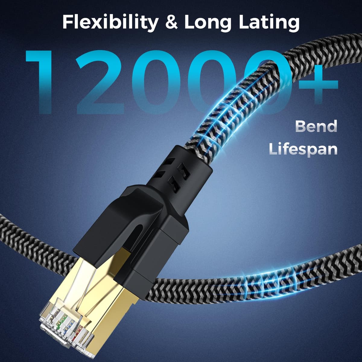 Cat 8 Ethernet Cable 1M, High-Speed Gigabit Braided RJ45 LAN Patch Cord, 40Gbps 2000Mhz, Lan Network Cable Compatible for Modem, Router, Faster than Cat7 — view 6